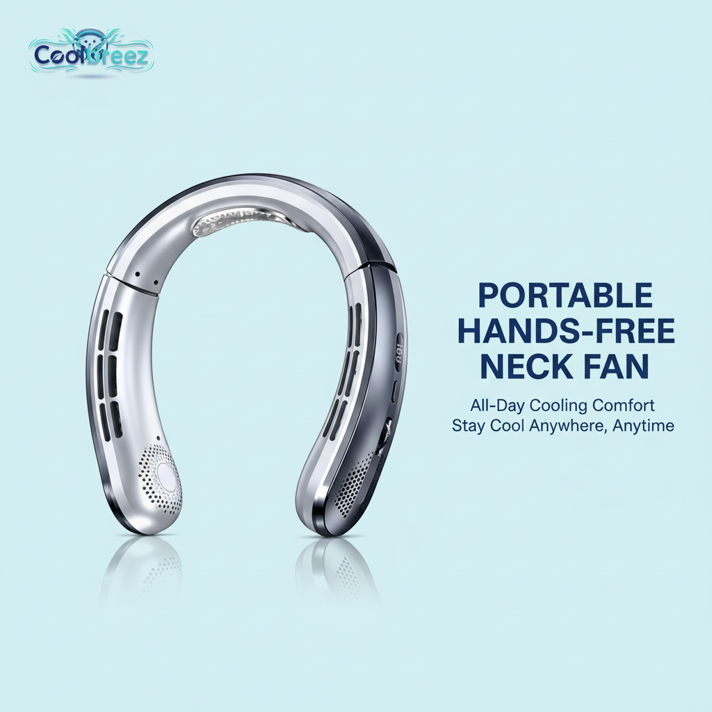 CoolBreez Silver Neck Fan with Theme Background