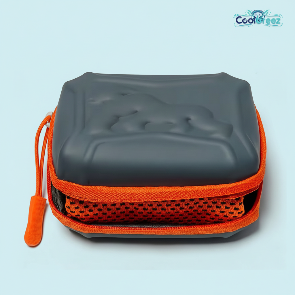 Purple Cooling Towel with Brand Background